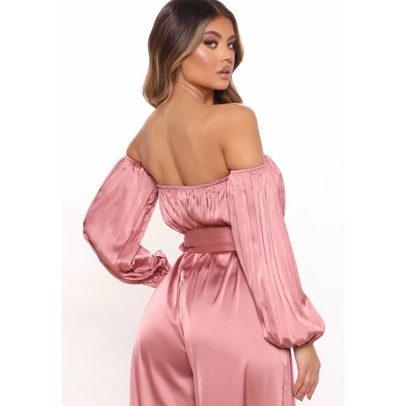 Fashion Nova Stay Fabulous Mauve Satin Off‑Shoulder Belted Wide‑Leg Jumpsuit S - Picture 4 of 5